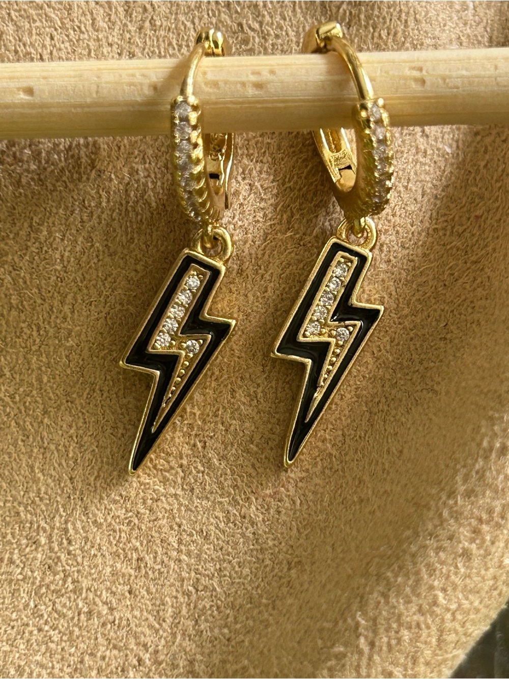 Gold Lightning Bolt Earrings with Black Enamel and Crystals